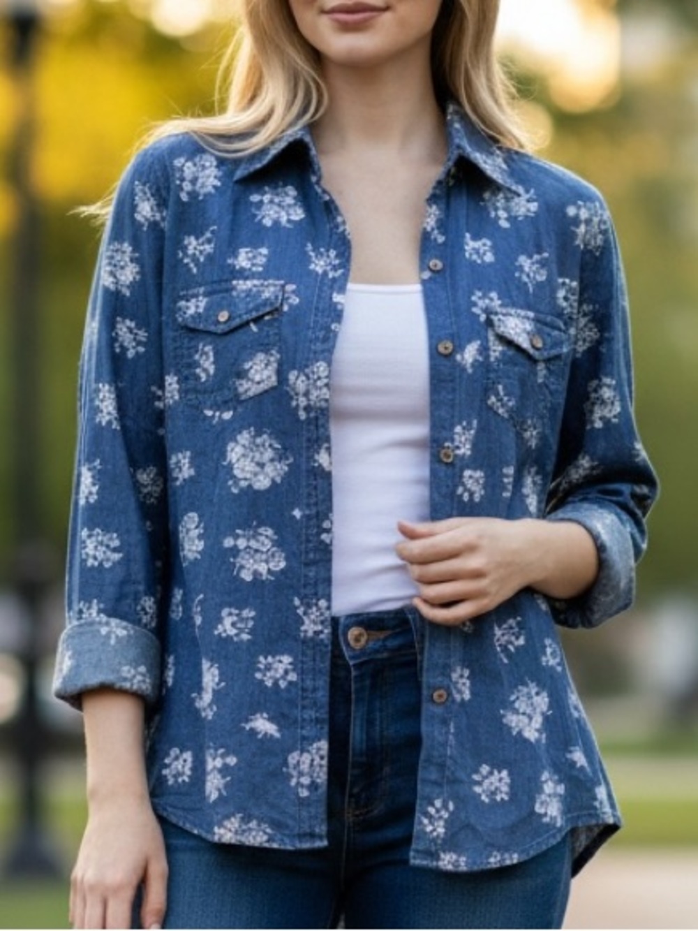 WESTERN BLUE DENIM LOOK FLORAL CHAMBRAY SMALL SHIRT, BUTTON-UP, COWBOY-RODEO